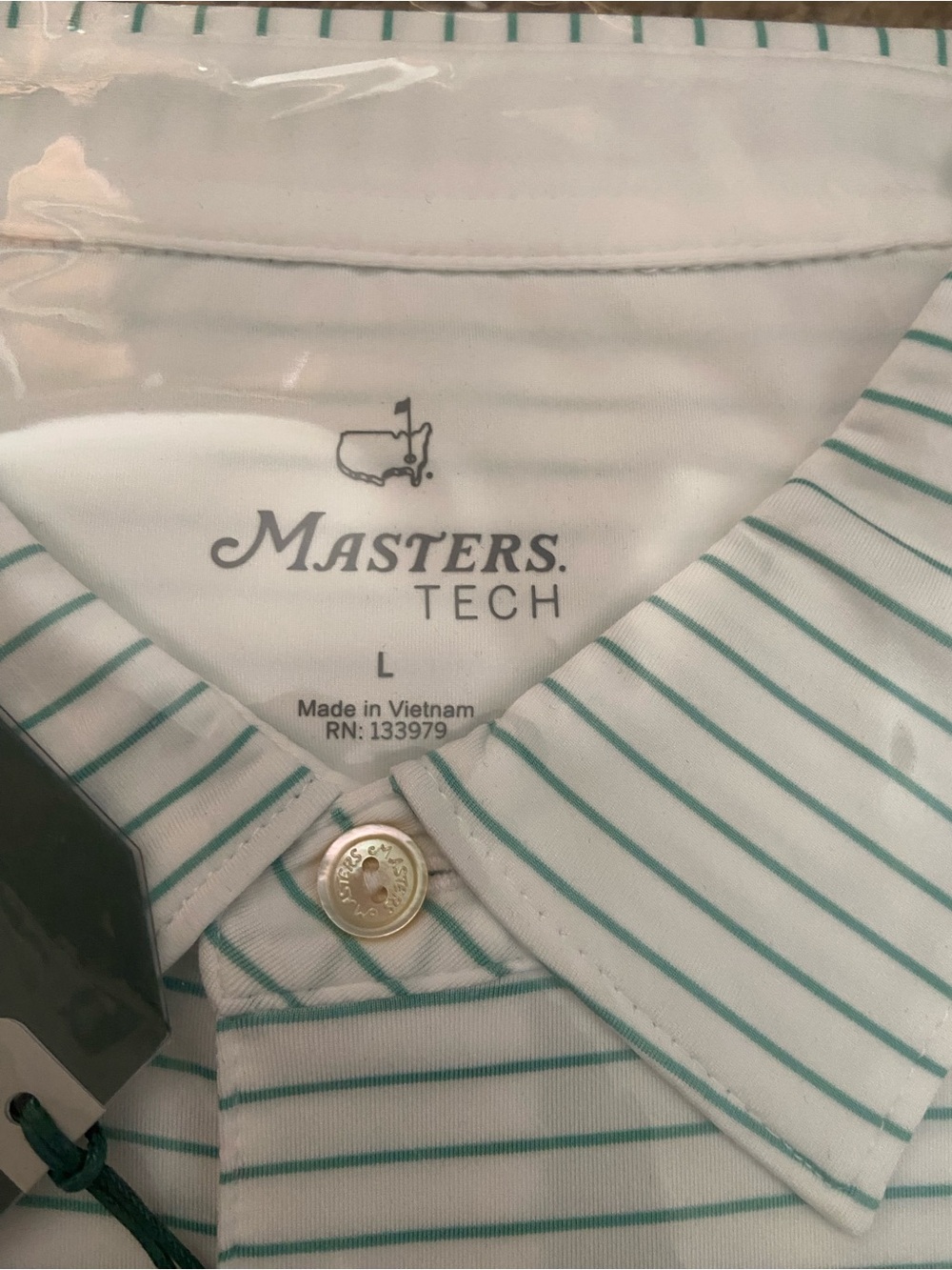 Official Masters Tech Men's White & Green Striped Polo Shirt Sz L - 2026 - Picture 2 of 5